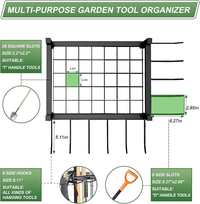 Garden Tool Organizer, Garden Yard Tool Rack for Garage, Garage Organization and Storage, Metal Yard Tools Storage up to 46 Tools/Rake/Broom/shovel/, Suitable for Garage, Yard, Patio, Shed - Image 3