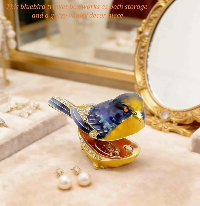 Starling Bird Trinket Boxes Hinged with Crystals Enameled Jewelry Box.Bird Lover Gifts for Women.Necklace Ring Box Earrings Storage.Collectible Bird Figurines Home Decor -Blue Yellow. - Image 3