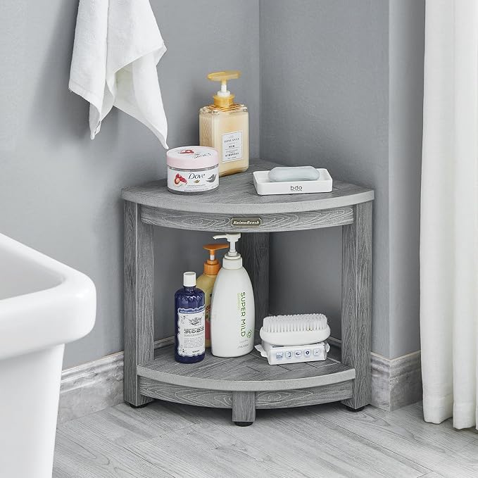 Waterproof Shower Bench for Inside Shower, Gray HDPS Corner Shower Stool for Shaving Legs, Poly Lumber Shower Foot Seat, Plastic Bathroom Shower Bench Seat with Storage Shelf, Non-Slip/No-Maintenance - Image 2