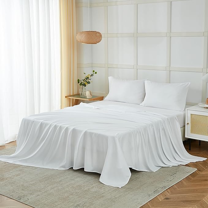 ILAVANDE White Sheets Set 4 Piece,Hotel Luxury Super Soft 1800 Series Microfiber Queen Bed Sheets Set-Wrinkle Free & Breathable-14 Deep Pocket Sheets for Queen Size Bed(Queen,White)