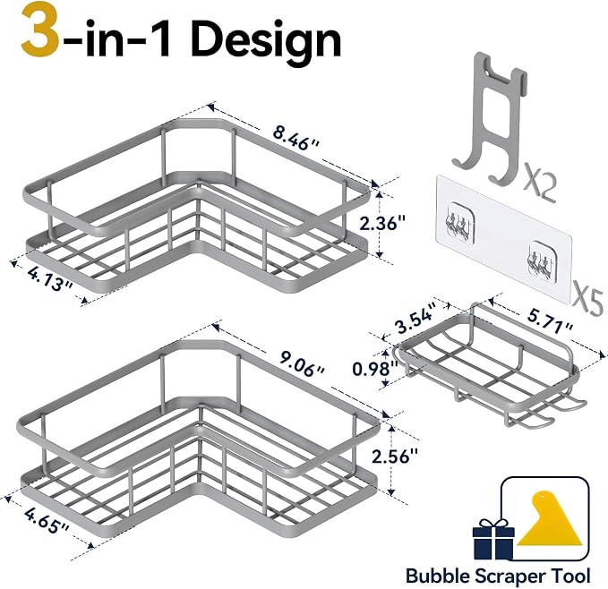 YASONIC Shower Caddy Corner, 3-Pack Adhesive Rustproof Stainless Steel Shower Shelves with Soap Holder, No Drilling Shower Organizer Corner for Dorm, Renters Bathroom, Grey - Image 2