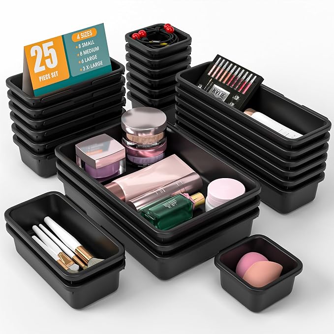25 PCS Drawer Organizer Set, 4 Size Makeup Drawer Divider Organizer With Non-Slip Pads, Interlocking Plastic Storage Bins for Office,Jewelry Vanity,Gadgets, Bathroom,Kitchen, Black by StoreHappily