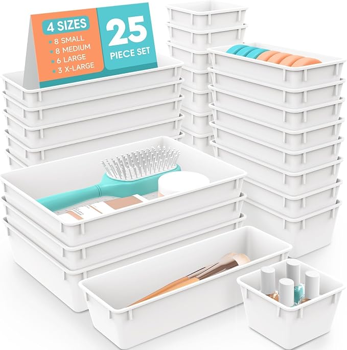 SpaceHacks 25 PCS Plastic Drawer Organizer Set, 4-Size Versatile Organizer Trays & Storage Bins for Makeup, Jewelry, and Gadgets in Bathroom, Bedroom and Office, White by SpaceHacks