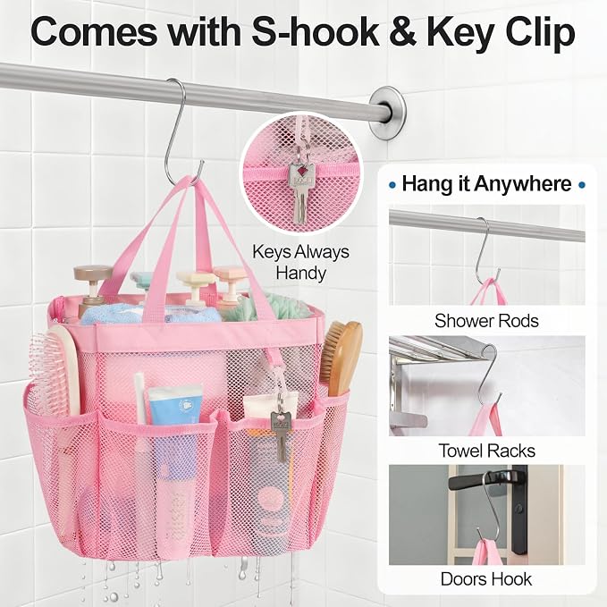 F-color Mesh Shower Caddy Portable, Upgrade Deeper 7 Pockets Shower Bag Basket Tote for College Dorm Room Toiletry Bathroom Essentials Gym Camp Quick Dry 2 handles with S Hook, Pink - Image 7