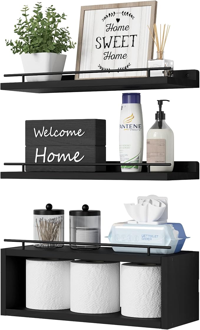 WOPITUES Floating Shelves for Wall with Cube Shelf, Wall Shelves with Metal Rail for Bathroom Decor, Bathroom Organizers and Storage, Over Toilet Shelves for Toilet Paper-Black by WOPITUESOfficial