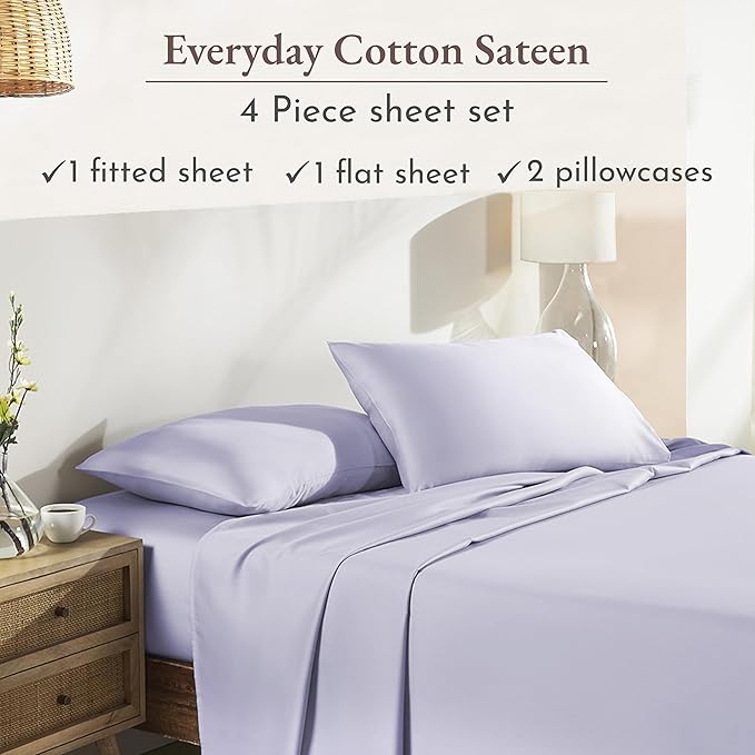 California Design Den Full Size Bed Sheets Set - Natural 100% Cotton Sheets, Soft Sateen Weave, Fully Elasticized Deep Pockets, Breathable and Durable Bedding - Lavender