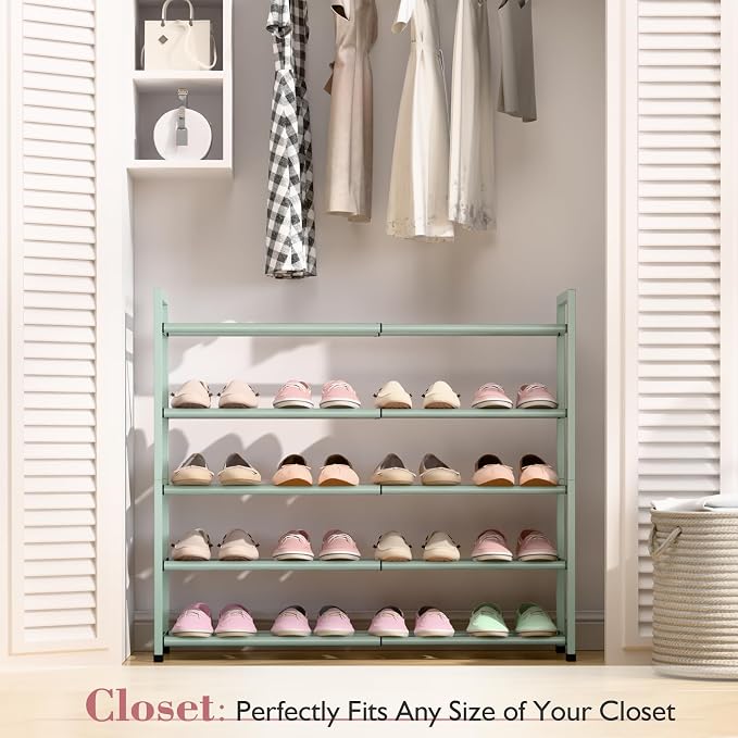Bumusty 5-Tier Expandable Shoe Rack for Closet, 18“-33” Adjustable Shoe Rack for Small Space, Small Shoe Organizer for Front Door, Sturdy Metal,Green - Image 2
