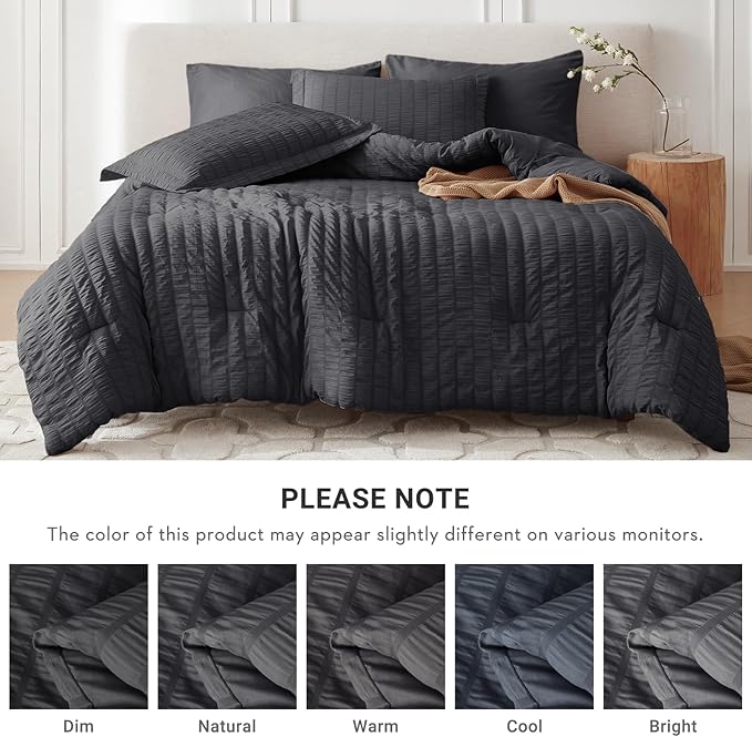 MUXHOMO 7 Pieces King Comforter Set, Seersucker Bed in a Bag King Size, All Season Luxury Bedding Set with Comforter, Flat Sheet, Fitted Sheet, Pillowcases & Shams, Dark Grey