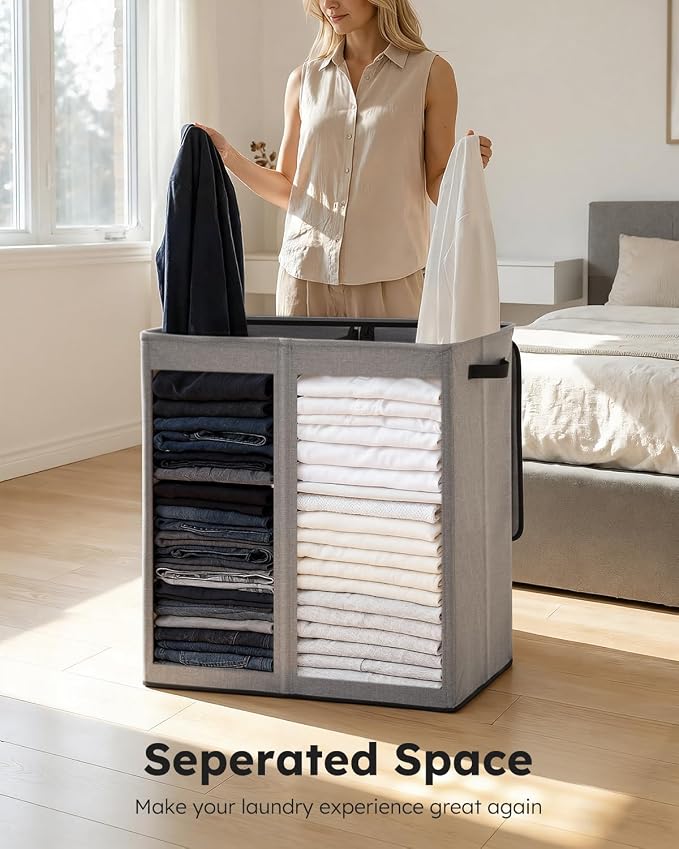 SOLEDI Large Double Laundry Hamper with Lid,165L Collapsible Clothes Hamper 2 section with Removable Bags, Space-Saving Laundry Basket for Bedroom, Dorm, College - Image 5