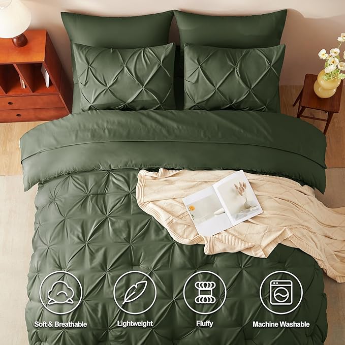CozyLux King Size Comforter Set Olive Green, 7 Pieces Pintuck Bed in A Bag Green Comforter King Size, Pinch Pleat Bedding Set with All Season Comforter, Sheets, Pillowcases & Shams