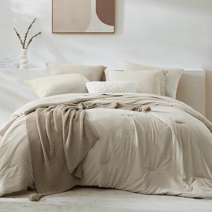 WRENSONGE Light Oatmeal Queen Comforter Set, 7 Pieces Soft Microfiber Comforters Queen Size with Fitted Sheet, Flat Sheet, 2 Pillow Shams, and 2 Pillowcases- Warm Bedding Sets Queen for All Season