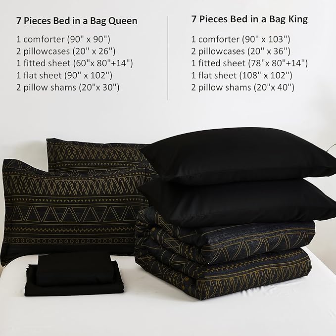 WONGS BEDDING King Size Comforter Set 7 Pieces, Boho Black Gold Geometric Striped Comforter for King Bed in a Bag, Soft Microfiber Bedding Set with Pillowcases, Flat Sheet, Fitted Sheet, Pillow Shams