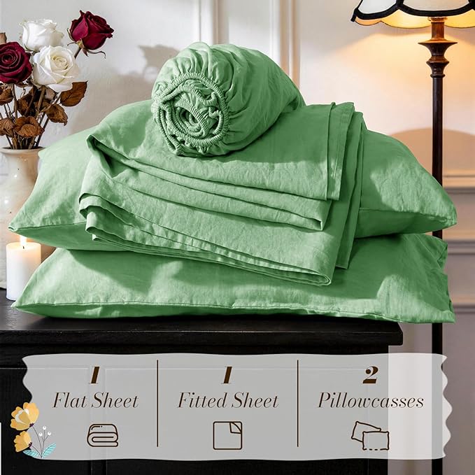 SONORO KATE 100% French Pure Linen Sheets, Breathable and Durable Linen Sheets, Anti-Tear Linen Bed Sheets, Machine Washable, 16 Inch Deep Pocket - 4 Piece (Green, California King)