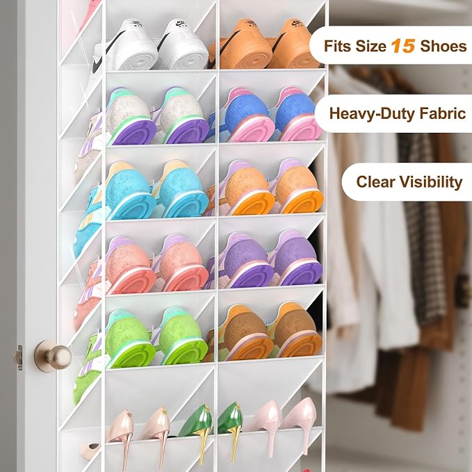 UVIAHOMI 20-30 Pairs Over the Door Shoe Organizer, Clear Pockets Hanging Shoe Storage for Closet, 10-Tier Door Shoes Rack, Handing Shoes Holder Fit All the Family's Sneakers, Boots, Heels, White - Image 6