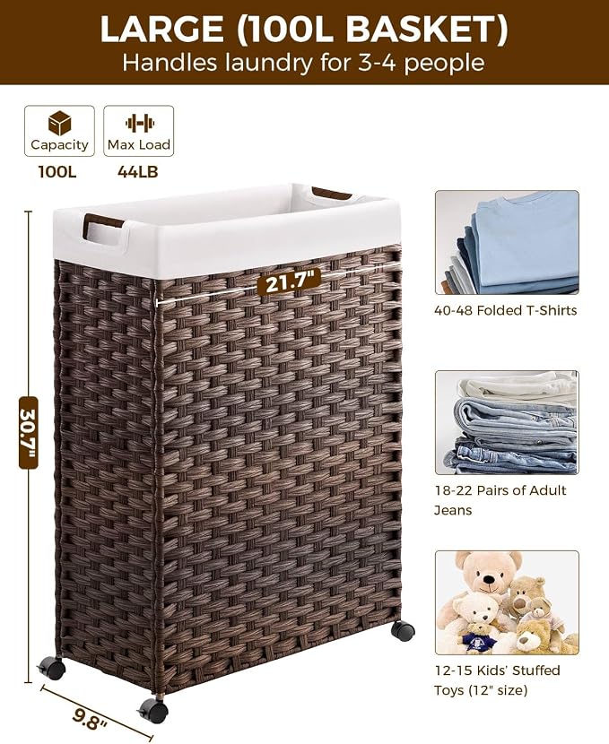 Greenstell Laundry Hamper with Wheels & Handles, 26.4 Gallon (100L) Slim Laundry Basket with 2 Removable Liner Bags & 2 Mesh Bags, Foldable Narrow Clothes Hamper for Bedroom, Bathroom, Closet, Brown - Image 4