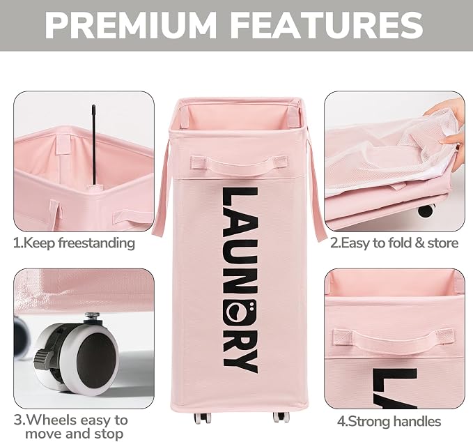 Goodpick Pink Laundry Baskets with Wheels 2-Pack, 75L Rolling Laundry Basket with Removable Wash Bags, Large Laundry Hamper for Corner Dorm, Collapsible Laundry Basket on Wheels - Image 4