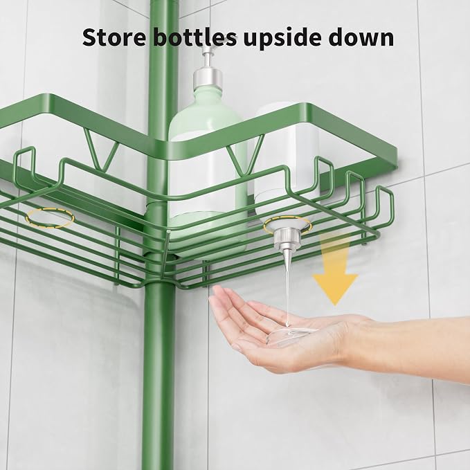 KEGII Shower Caddy Tension Pole, 4-Tier Rustproof Adjustable Corner Bathroom Organizer for Renters, 25–114.2 Inch No Drill Space-Saving Shower Storage Rack, Emerald Green - Image 5