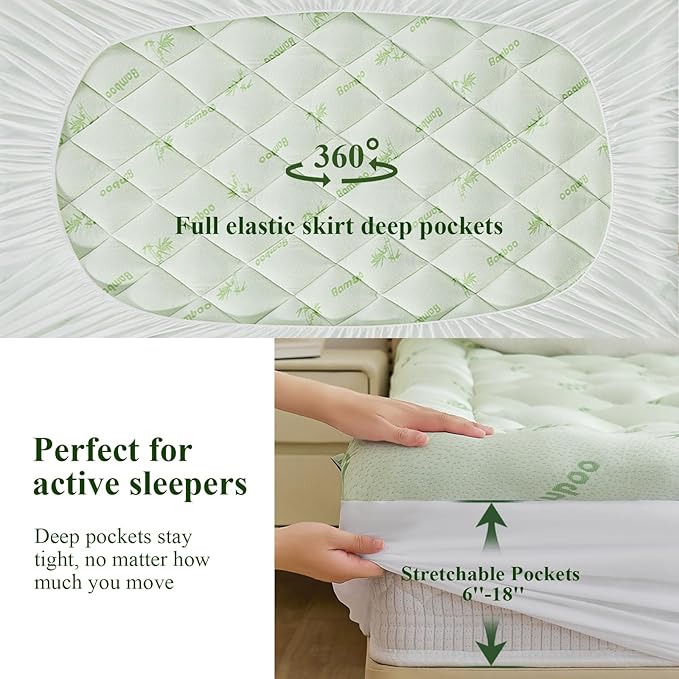 Twin XL Mattress Topper, Viscose Derived from Bamboo Thick Pillow Top Mattress Pad with Deep Pocket, Naturally Cooling for Hot Sleepers, Soft for Back Pain Relief, Premium Green