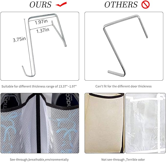 KEEPJOY Over The Door Shoe Organizer 2 Pack,Mesh Pockets Hanging Shoe Rack Over The Door,Shoe Storage Closet with 4 Hooks,Washable and Breathable Fabic,Large Size 57.5×12.6inch(Grey) - Image 5