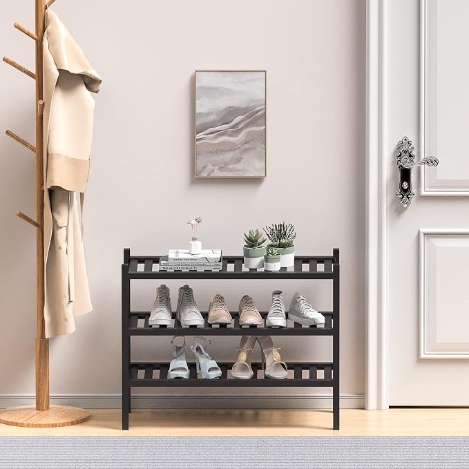 ROMGUAR CRAFT 3 Tier (Thick) Bamboo Shoe Rack for Entryway, Small Wood Shoe Shelf Storage Organizer for Closet, Shoe Stand for Hallway, Stackable and Sturdy 27"x12"x21" Black - Image 2
