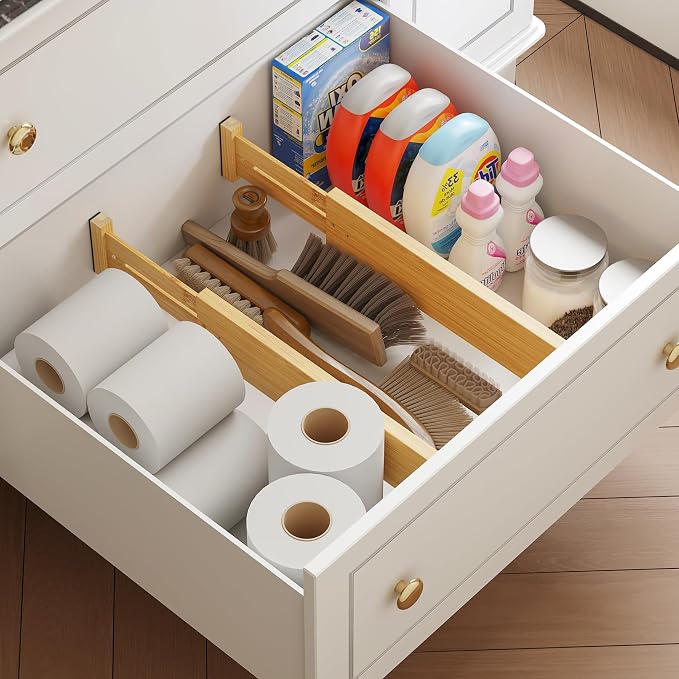 BAMEOS 4 pcs 3" High Bamboo Drawer Dividers Adjustable Drawer Organizer Expandable Drawer Organization Utensil Organizers for Kitchen Dresser Bathroom Bedroom and Office - Image 5