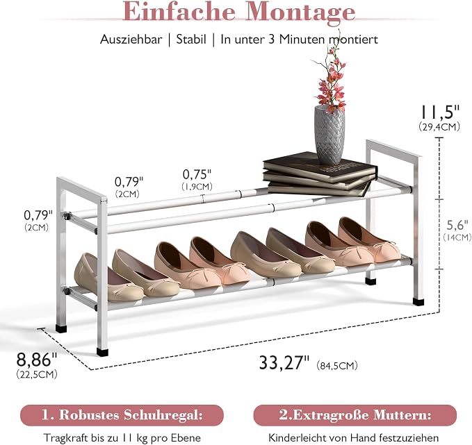 Bumusty 2-Tier Expandable Shoe Rack for Closet, 18“-33” Adjustable Shoe Rack for Small Space, Small Shoe Organizer for Front Door, Sturdy Metal, White - Image 3