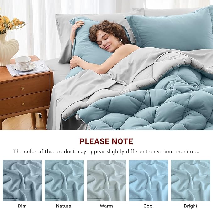 MUXHOMO 7 Pieces King Comforter Set, Reversible Bed in a Bag King Size, All Season Bedding Set with Comforter, Flat Sheet, Fitted Sheet, Pillowcases & Shams, Greyish Blue & Light Grey
