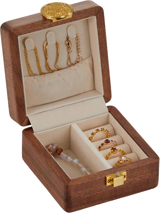 Travel Jewelry Case Wood Small Jewelry Box for Women Wood Jewelry Organizer Storage Holder For Earrings Rings Necklaces Velvet Wooden Jewelry Box With Lock by KAOTGOT