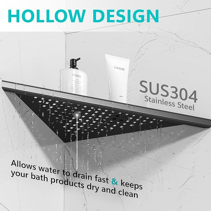 Qeke Bathroom Corner Shelf, Recessed 10" Shower Shelf Caddy, SUS304 Stainless Steel Shelf Wall Mount Triangular, No Drilling, Matte Black - Image 4