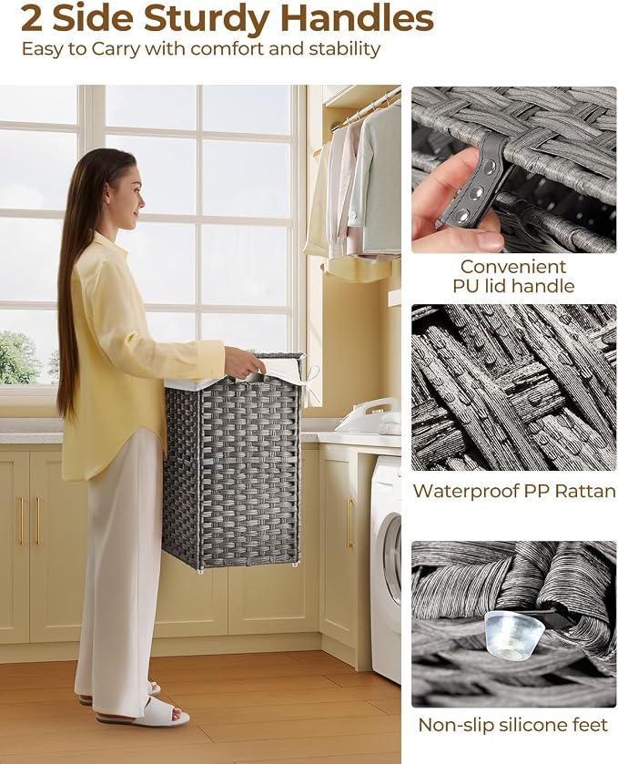 Greenstell Laundry Hamper with Lid, 90L Clothes Hamper with 2 Removable Liner Bags & 2 Mesh Laundry Bags, Handwoven Synthetic Rattan Laundry Basket for Clothes, Toys in Bathroom, Bedroom Grey - Image 3