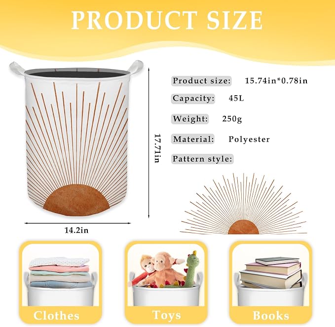 Boho Laundry Basket, Mid Century Modern Boho Terracotta Sun Sunshine Waterproof Collapsible Laundry Hamper Dirty Clothes Storage Toy Bin Organizer for Bathroom Bedroom Nursery Girls Kids Room - Image 7