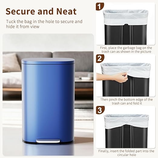 PayLessHere Stainless Steel Trash Can with Lid - Removable Inner Bucket, Foot Pedal Soft Close for Office, Home, Kitchen Garbage Bin (Deep Blue, 13 G) - Image 6