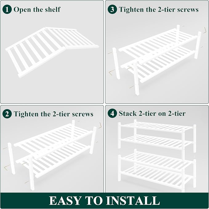 Smiry Bamboo Shoe Rack for Closet, 4 Tier Wooden Stackable Shoe Organizer, Free Standing Shoes Storage Shelf for Entryway, Front Door Entrance, White - Image 6