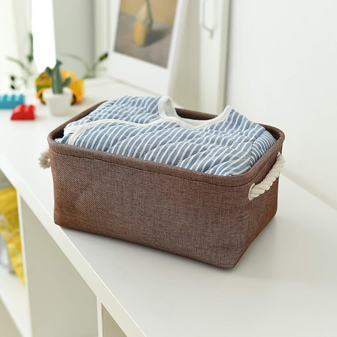 TheWarmHome Small Fabric Canvas Storage Bin with Cotton Rope Handles - Foldable Empty Basket for Gift (Brown-1 Pack,11.8L7.9W5.2H inch) - Image 3