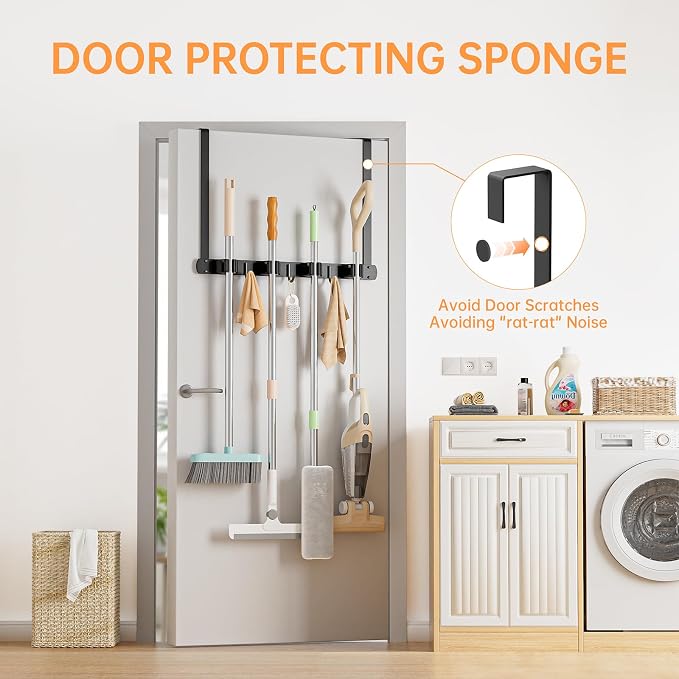 Broom Holder Over The Door - 304 Stainless Steel Mop and Broom Holder Wall Mounted or Hanging Over The Door with Hooks - Broom Hanger, Broom Storage Tool Organizer for Garage Closet Laundry - Image 3