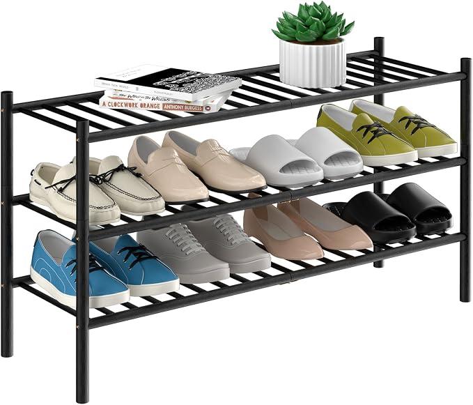 ROMGUAR CRAFT 3-Tier Bamboo Long Shoe Rack, Free Standing Wood Shoe Shelf Storage Organizer for Closet Entryway Stackable 35"x11"x20" (Black) by ROMGUAR+CRAFT