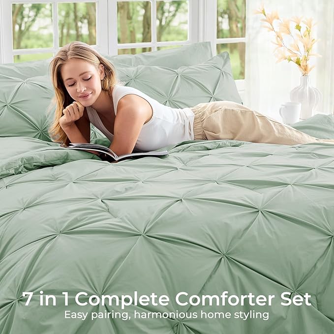Sasttie California King Comforter Set, 7-Piece Bed in a Bag, Pintuck Bedding Sets for All Season, Includes Comforter, Flat Sheet, Fitted Sheet, Pillowcases and Pillowshams, Light Sage Green