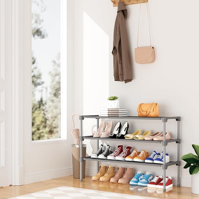 34" Widening Design Shoe Rack for Closet 16 Pairs Small Spaces Non-Woven 3 Tier Shoe Organizer Stackable Metal Shoe Shelf for Entryway, Bedroom Grey - Image 2
