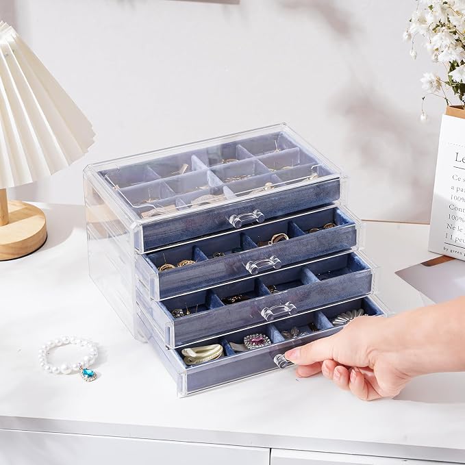 Lolalet Earring Holder Organizer Box Jewelry Storage with 4 Drawers, Clear Acrylic Stackable Earring Case with Adjustable Velvet Trays for Women on Dresser Vanity -Blue, 4 Layers - Image 6