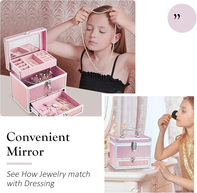 Hododou Girls Jewelry Box Organizer with Drawer & Mirror, Shiny Pink Style Lockable Storage Case for Kid or Little Girls Jewelry and Hair Accessories - Image 2