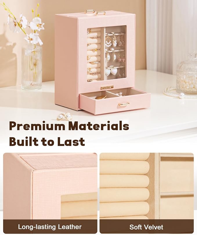 Homde Jewelry Organizer Girls Women Jewelry Box for Necklaces Rings Earrings Gift Bracelets Storage Case (Peach Pink + Gold) - Image 7