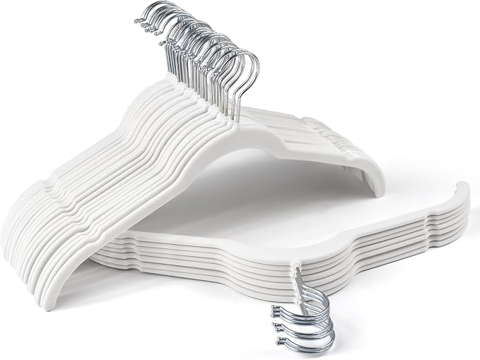 Sishynio Premium Velvet Shirt Hangers 30 Pack, Non-Slip 360° Swivel Hook Slim Felt Hanger, Space Saving Flocked Hangers for Tank Tops, Blouses, Strappy Dresses(White) by Sishynio