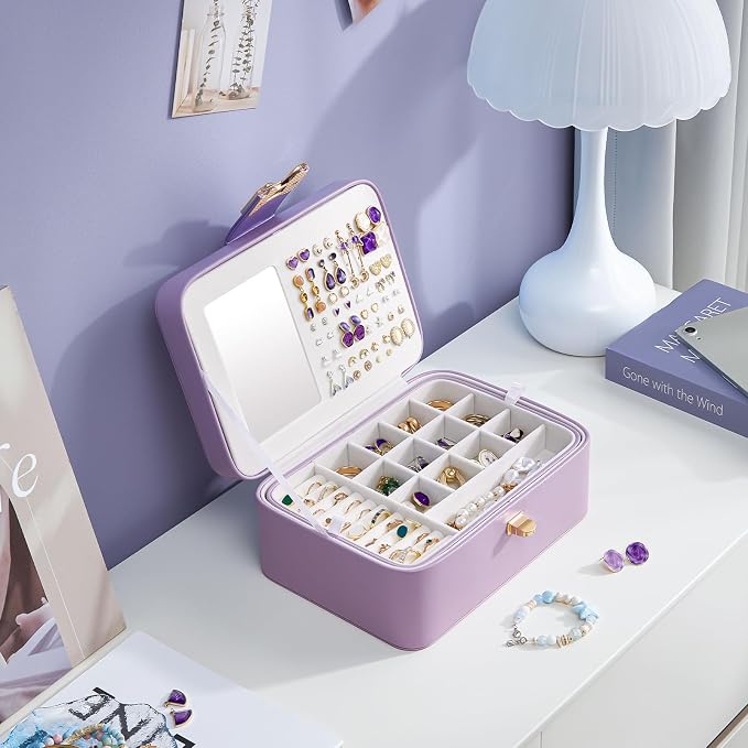 Lolalet 2 Layer Jewelry Box for Teen Girls & Young Women, Jewelry Organizer Case with Bow Clasp and Mirror for Earrings Rings Necklaces Storage, Gift Idea -Purple - Image 6