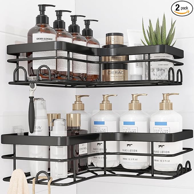 Sakugi Corner Shower Caddy - 2 Pack, Adhesive Shower Organizers, Rustproof Stainless Steel Shower Shelves with 8 Hooks, No Drilling Bathroom Organizers and Storage Racks, Space-Saving, Black, X-Large by Sakugi