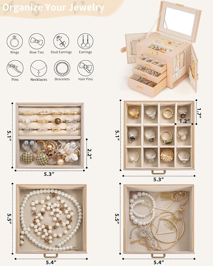 AKOZLIN 4-Tier Jewelry Box Leather Jewelry Storage Organizer with 3 Drawers Lockable for Women Girls Ring Necklace Earring Bracelet Holder with Mirror Champagne - Image 3