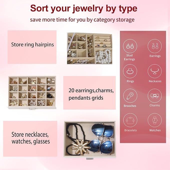 BOOVO Clear Lid Jewelry Box,3 Layers Jewelry Organizer Large Multi-Functional Jewelry Storage Box with 2 Drawers,Jewelry Display Case of Rings Earrings Necklace Bracelets for Women Girls (White) - Image 5