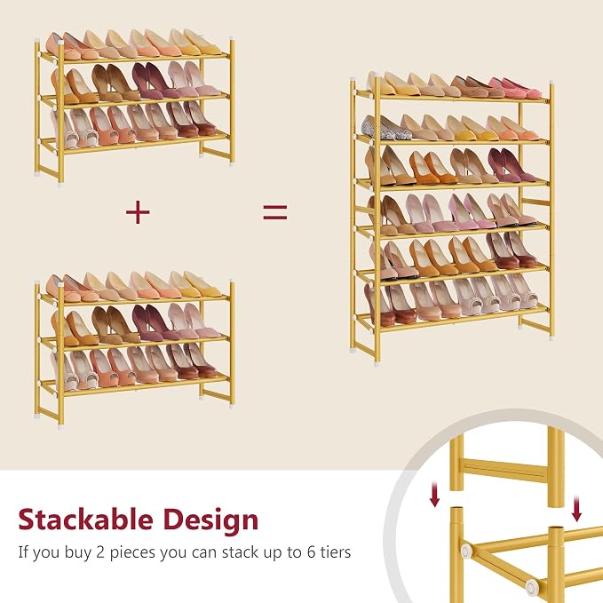 Tajsoon Expandable Shoe Rack for Closet 3 Tier, 28“-41“Adjustable & Stackable Shoe Shelf Storage, Metal Shoe Rack Organizer for Front Door Entrance, Closet, Garage, Entryway, Gold - Image 6