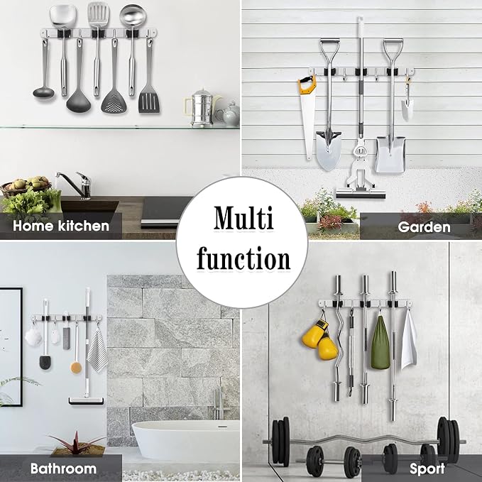 3 Racks and 4 Hooks Broom and Mop Holder Wall Mounted Garage Organizer Storage Tool Racks Stainless Steel Heavy Duty Hooks Self Adhesive Solid Non-slip Wall Hangers for Home Kitchen Garden Laundry - Image 7