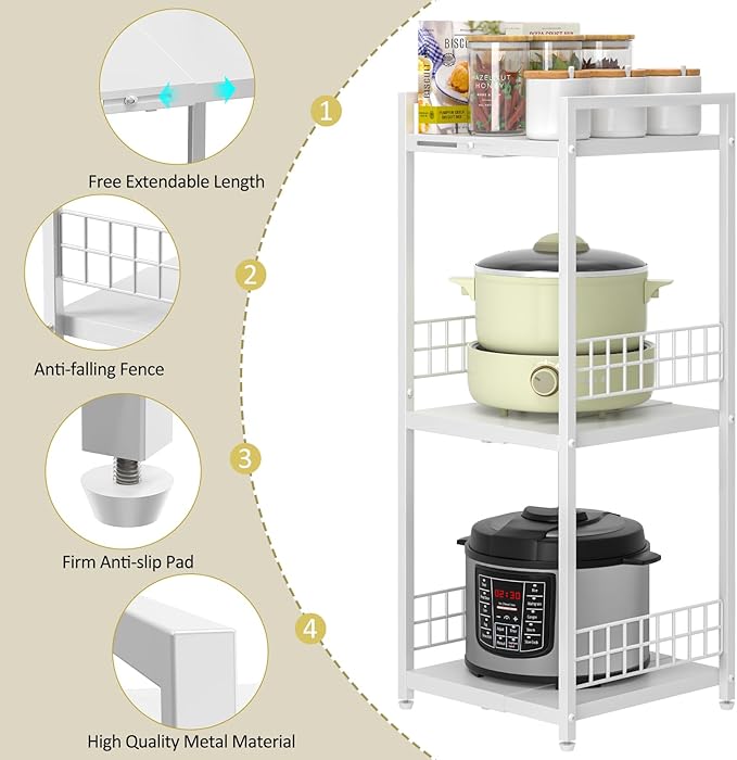 DAOUTIME Expandable Slim Storage Shelf, 3 Tier Metal Shelving Unit for Bathroom Storage Organizer, Free-Standing Narrow Shelf, Open Floor Shelves for Small Spaces,Laundry,Bathroom,Kitchen, White - Image 6