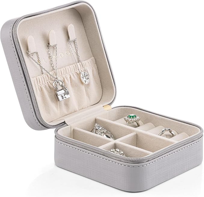 Vlando Small Travel Jewelry Box Organizer Display Case for Girls Women Gift Rings Earrings Necklaces Storage, Light Grey by VLANDO